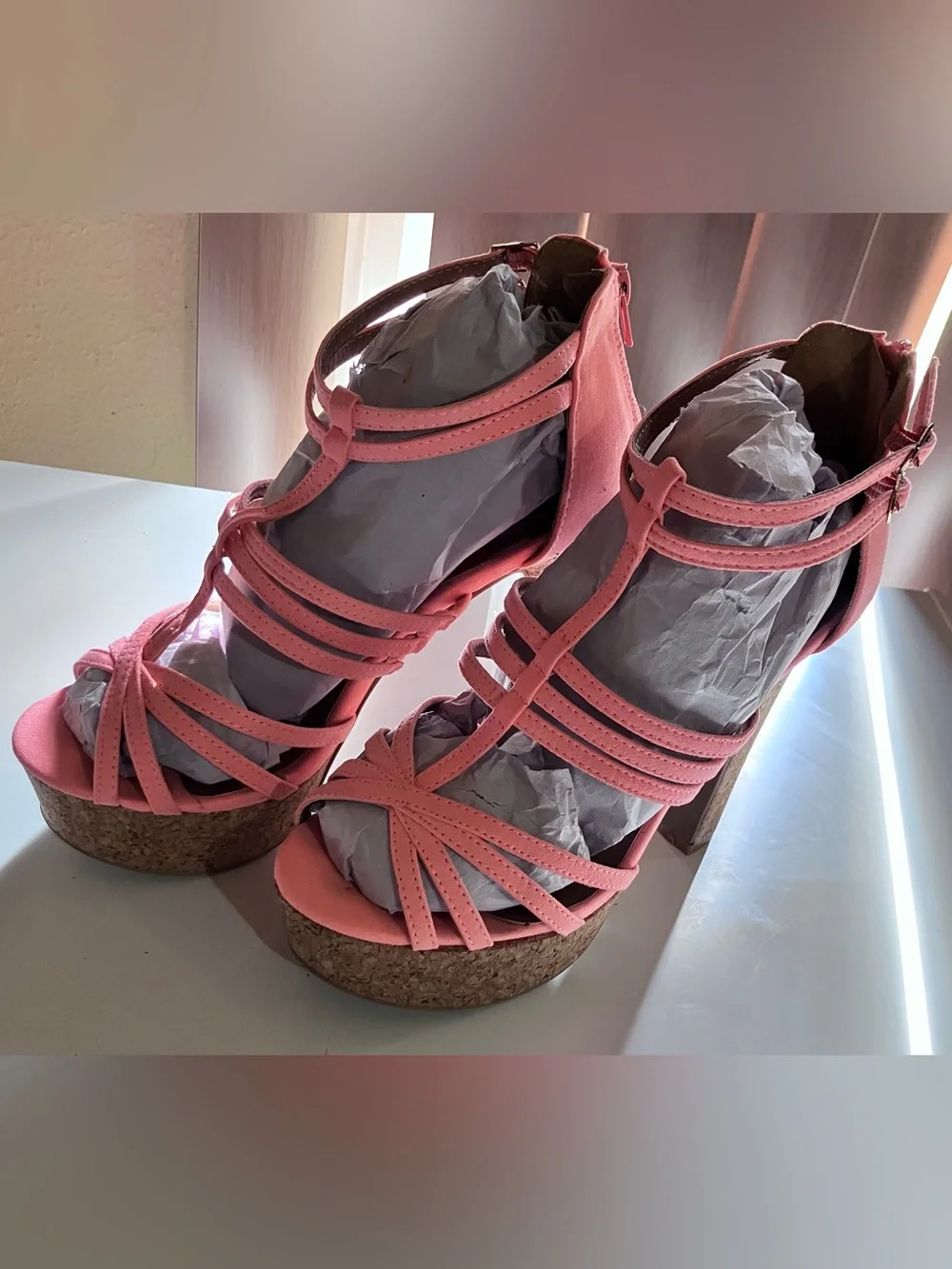 Women's suede Coral Strappy Cork Platform Heels size 8